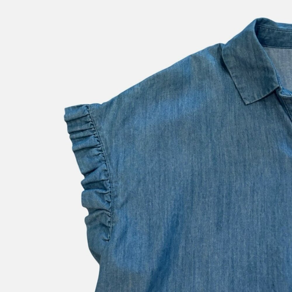 Women's 18 / 20 Blue Collared Casual Ruffled Cap Sleeve Cotton Blend PLUS Blouse - Picture 3 of 5